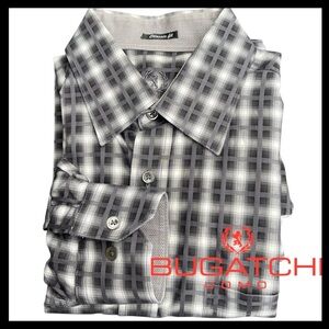 Bugatchi Gray Plaid Classic Fit Cotton Button Up Shirt (16)